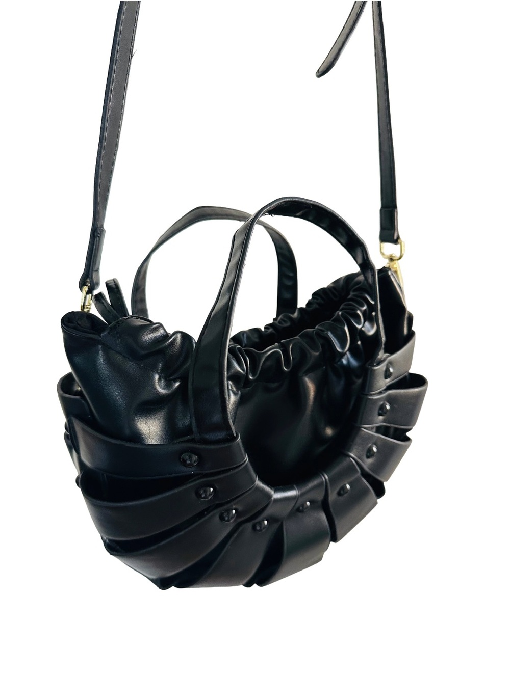 Structured Leather Black Mini Top-Handle Drawstring Bag